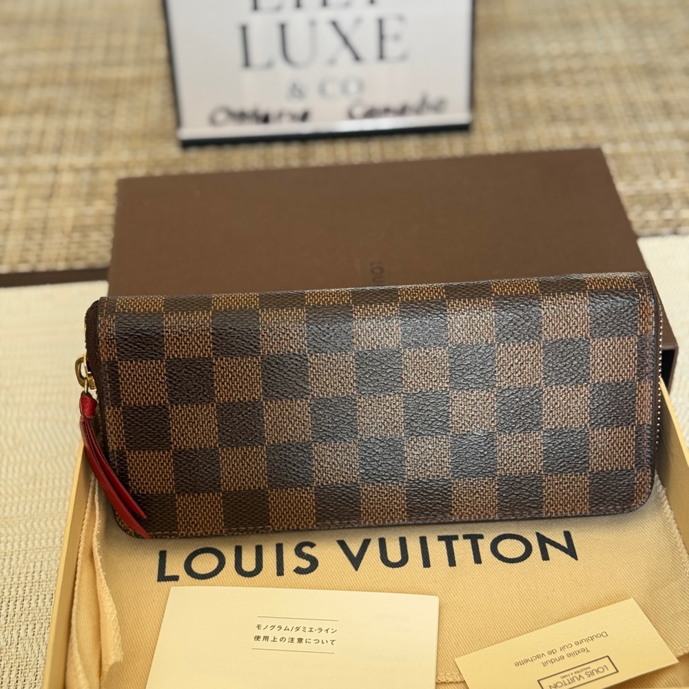 Louis Vuitton Brown Damier Ebene Clemence Zip Wallet with Red Pull Tab